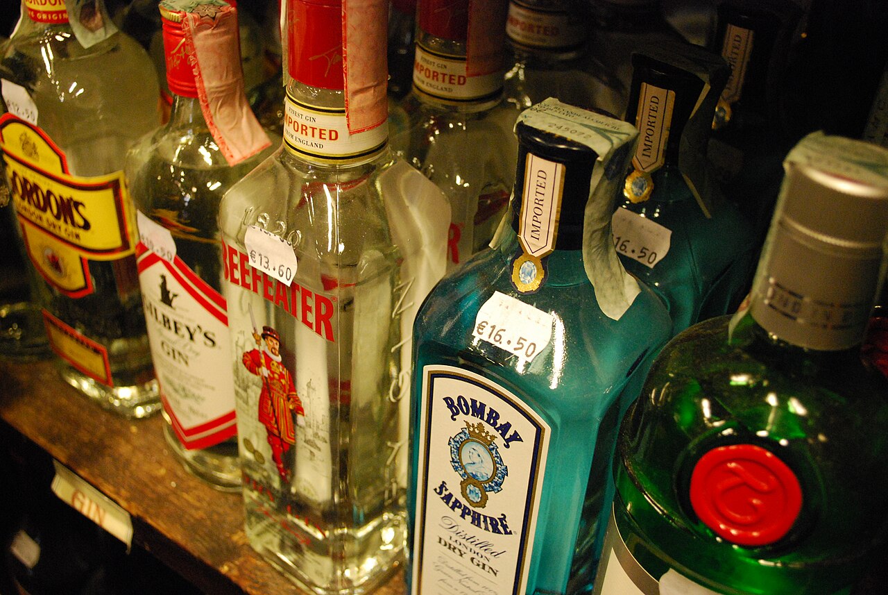 Real photograph of assorted premium gin bottles on store shelf