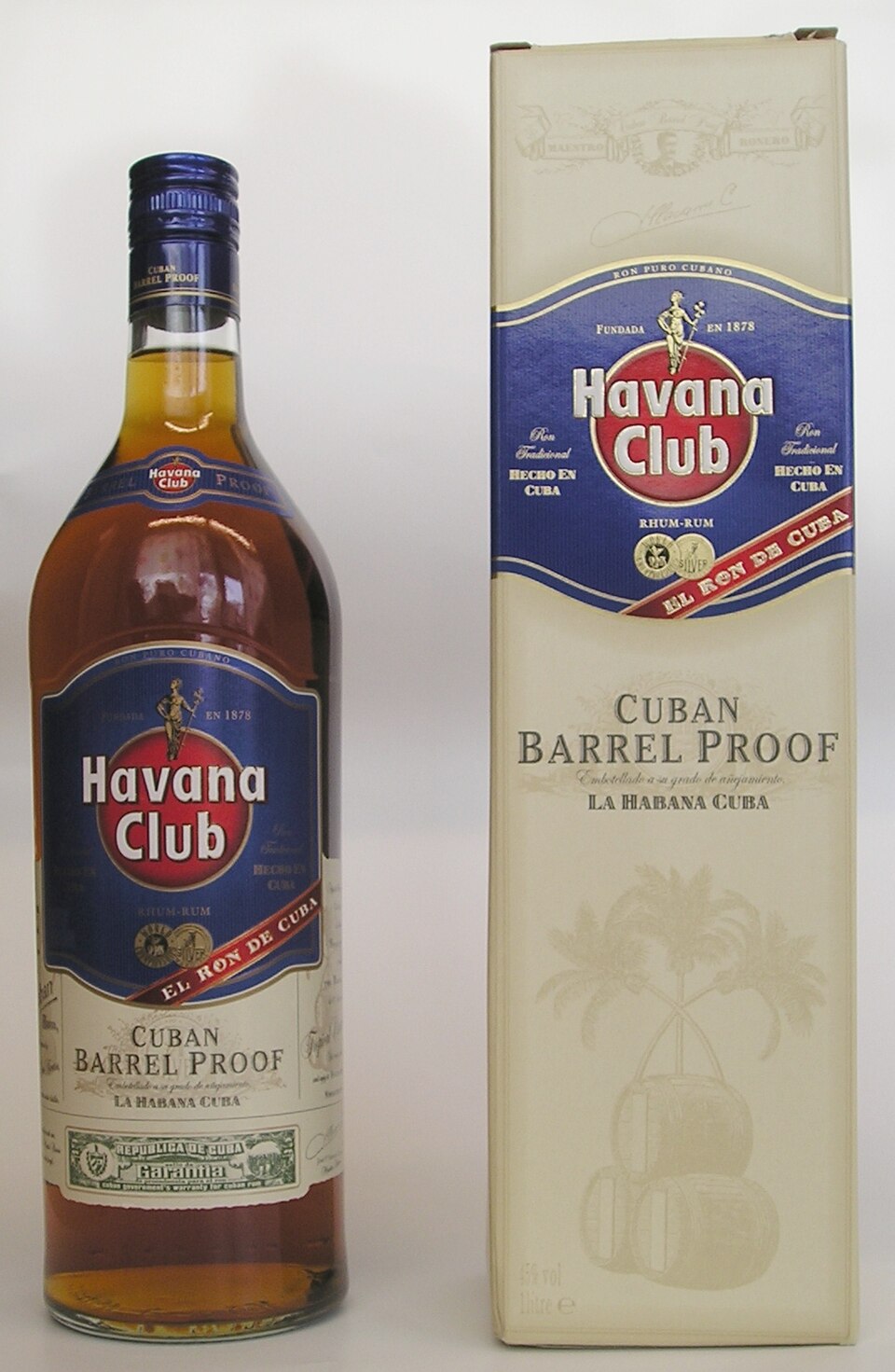 Real photograph of Havana Club aged rum bottle and box